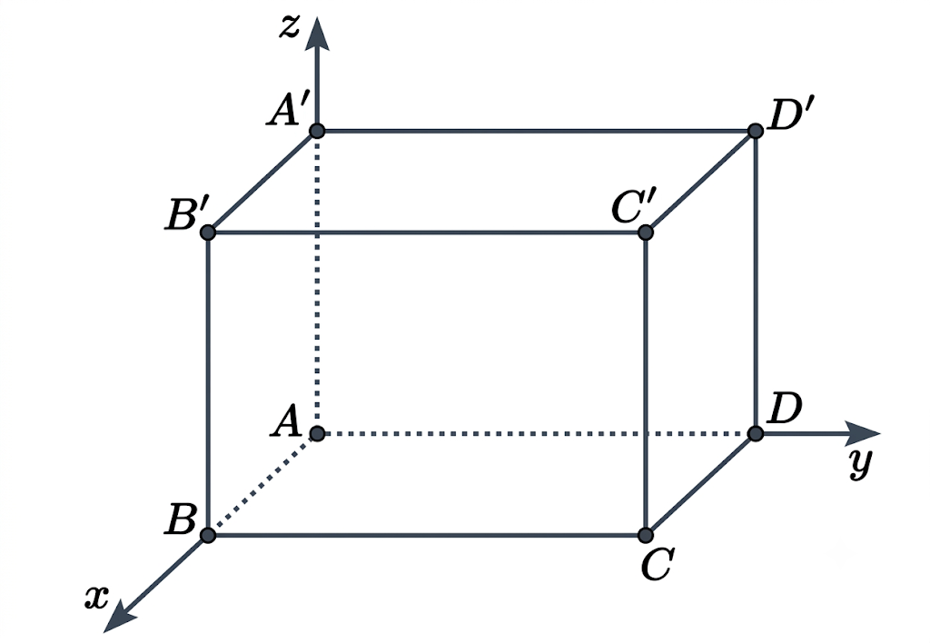 Trong không gian với hệ trục toạ độ Oxyz, cho hình lập phương ABCD.A'B'C'D' có độ dài các cạnh bằng 1, điểm A trùng với gốc tọa độ O (0;0;0). Trục Ox chứ (ảnh 1)