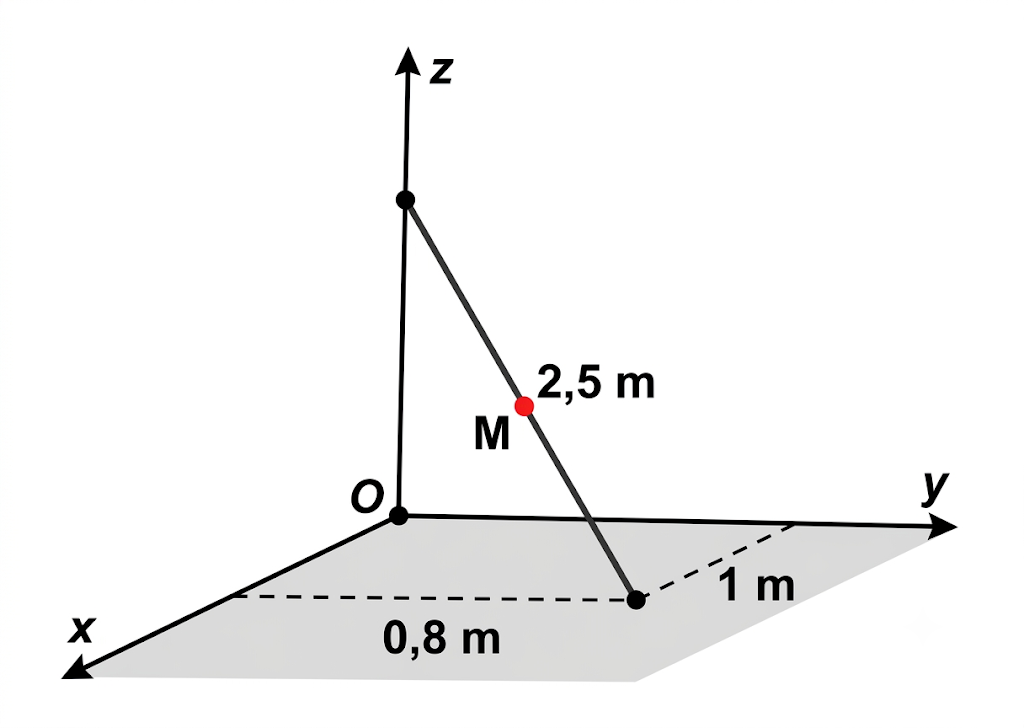Một chiếc gậy c&oacute; chiều d&agrave;i 2,5 m được đặt trong g&oacute;c ph&ograve;ng như h&igrave;nh sau đ&acirc;y. Một đầu gậy nằm tr&ecirc;n s&agrave;n, c&aacute;ch hai bức tường lần lượt l&agrave; 1 m v&agrave; 0,8 m. Đầu c&ograve;n lại của chiếc gậy nằm tr&ecirc;n m&eacute;p tường (ảnh 1)