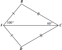 Cho tứ giác ABCD có AB = AD và CB = CD. Biết góc A = 100 độ, góc C = 60 độ. Số đo của góc B là: (ảnh 1)