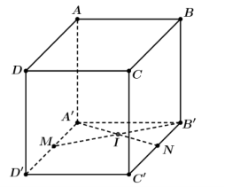 Trong không gian, cho hình lập phương \(ABCD.A'B'C'D'\). Gọi \(N\) là điểm thỏa \(\overrightarrow {C'N} = 2\overrightarrow {NB'} \), \(M\) là trung điểm của \(A'D'\), \(I\) là giao điểm của \ (ảnh 1)