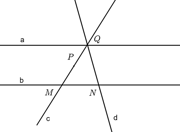Cho hình bên dưới đây với đường thẳng a,b,c,d và bốn điểm M,N,P,Q (ảnh 1)