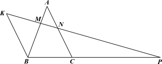 Cho tam giác ABC. Trên các cạnh AB, AC lần lượt lấy các điểm M, N sao cho AM/MB = 1/2 và AN/NC = 3/4. Kéo dài đoạn MN cắt đường thẳng BC tại P. (ảnh 1)