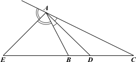 Cho tam giác ABC có AB = 3 cm, AC = 6 cm và BC = 4 cm. Kẻ đường phân giác trong AD và đường phân giác ngoài AE của góc (ảnh 1)
