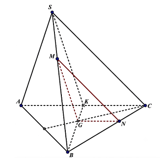 Cho hình chóp S.ABC có đáy là tam giác ABC. Gọi M, N lần lượt nằm trên cạnh SB, BC sao cho SB = 3SM, BN = 2NC và G là trọng tâm tam giác ABC (ảnh 1)