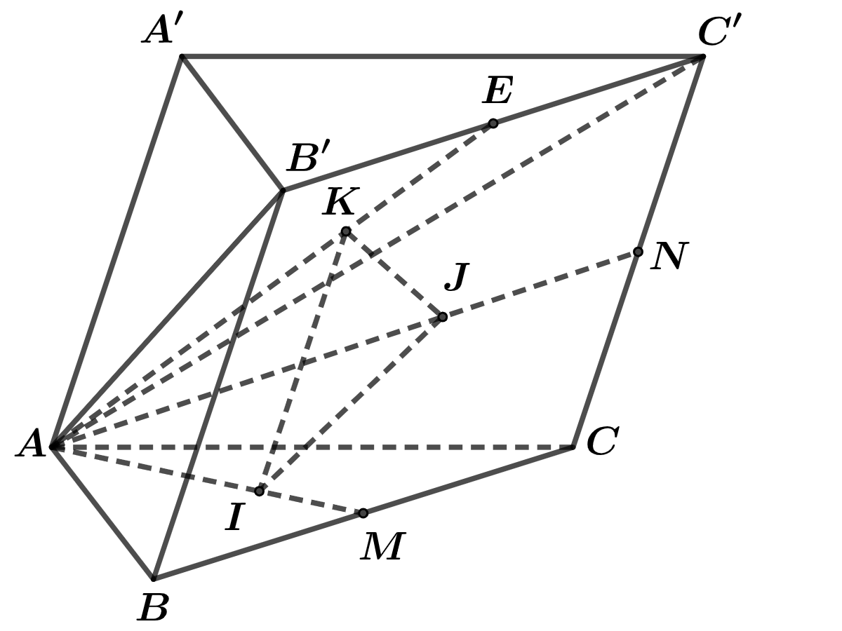 Cho hình lăng trụ ABC.A'B'C'. Gọi I, J, K lần lượt là trọng tâm tam giác ABC, ACC', AB'C'. Mặt phẳng nào sau đây song song với IJK (ảnh 1)