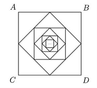 Cho hình vuông ABCD có độ dài cạnh bằng 1. Nối các trung điểm của bốn cạnh hình vuông ABCD ta được hình vuông thứ hai. Tiếp tục nối các trung điểm của bốn cạnh hình vuông thứ hai (ảnh 1)