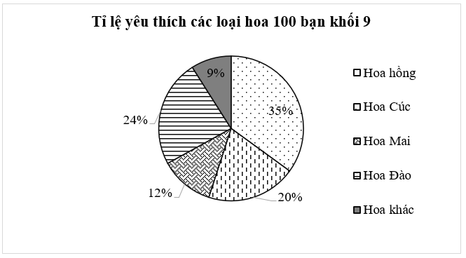 Biểu đồ dưới đây cho biết tỉ lệ yêu thích các loại hoa của 100 bạn khối 9 (mỗi ngày bạn chỉ chọn một loại hoa):

Khi đó: (ảnh 1)