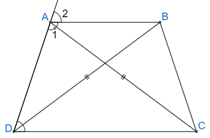 Cho tứ giác ABCD, biết độ dài hai đường chéo AC và BD là bằng nhau và tổng số đo hai góc của tứ giác tại hai đỉnh A và D là 180°. Đáp án nào dưới đây là đúng về mối quan hệ giữa hai cạnh AD v (ảnh 1)