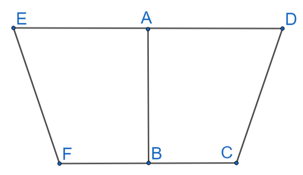 Cho hình thang ABCD vuông tại A và B. Gọi E, F là các điểm đối xứng với D, C qua đoạn thẳng AB. Khẳng định nào dưới đây là sai? (ảnh 1)