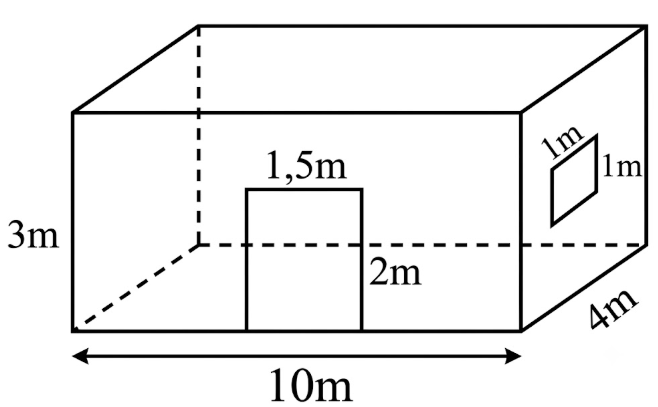 Căn phòng của bác An có một cửa lớn hình chữ nhật và một cửa sổ hình vuông với kích thước như hình bên. Bác cần sơn các bức tường xung quanh và trần của căn phòng này (không sơn cửa). Biết rằ (ảnh 1)