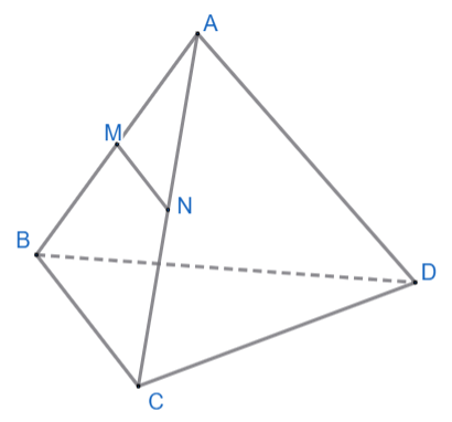 Cho tứ diện ABCD. Gọi M, N lần lượt là trung điểm của AB và AC. Xét tính đúng/sai của các khẳng định sau: (ảnh 1)