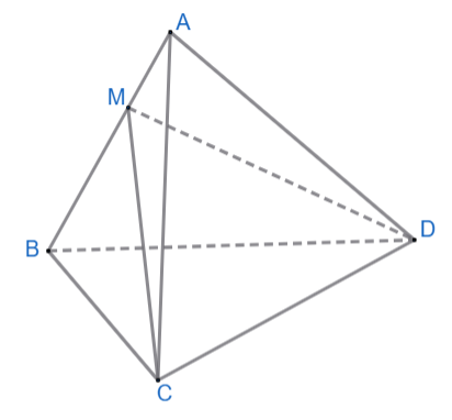 Cho tứ diện ABCD. Gọi M là một điểm thuộc cạnh AB. Giao tuyến của mặt phẳng (MCD) và mặt phẳng (ABC) là: (ảnh 1)