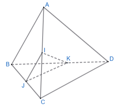 Cho tứ diện ABCD. Gọi I, J lần lượt là trung điểm của AC và BC. Gọi K là một điểm trên cạnh BD. Xét tính đúng/sai của các khẳng định sau: (ảnh 1)