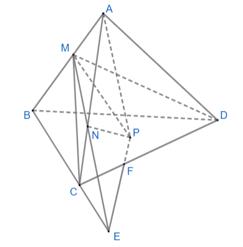 Cho tứ diện ABCD. Lấy các điểm M, N lần lượt trên các cạnh AB, AC sao cho đường thẳng MN cắt đường thẳng BC tại điểm E. Lấy điểm P nằm bên trong tam giác (ảnh 1)