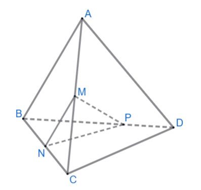 Cho tứ diện ABCD. Gọi M, N lần lượt là trung điểm của AC và BC. Lấy điểm P trên cạnh BD sao cho BP = 2PD. Xét tính đúng/sai của các mệnh đề sau: (ảnh 1)