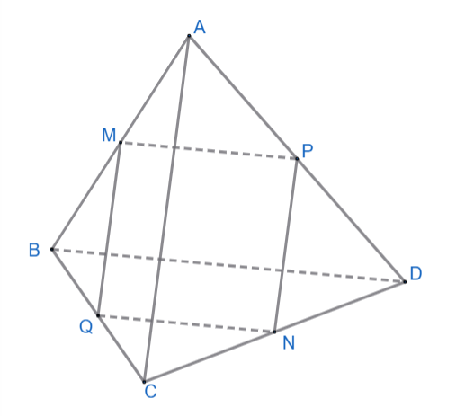 Cho tứ diện ABCD. Gọi M, N, P, Q lần lượt là trung điểm của các cạnh AB, CD, AD, BC. Xét tính đúng/sai của các mệnh đề sau về giao tuyến của các mặt phẳng: (ảnh 1)
