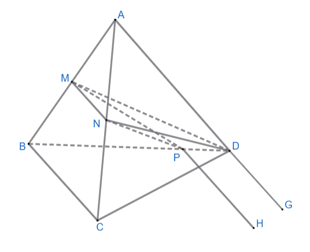 Cho tứ diện ABCD. Gọi M, N lần lượt là trung điểm của các cạnh AB, AC. Lấy điểm P tùy ý trên cạnh BD (P không trùng B và D). Xét tính đúng/sai của các mệnh đề sau: (ảnh 1)