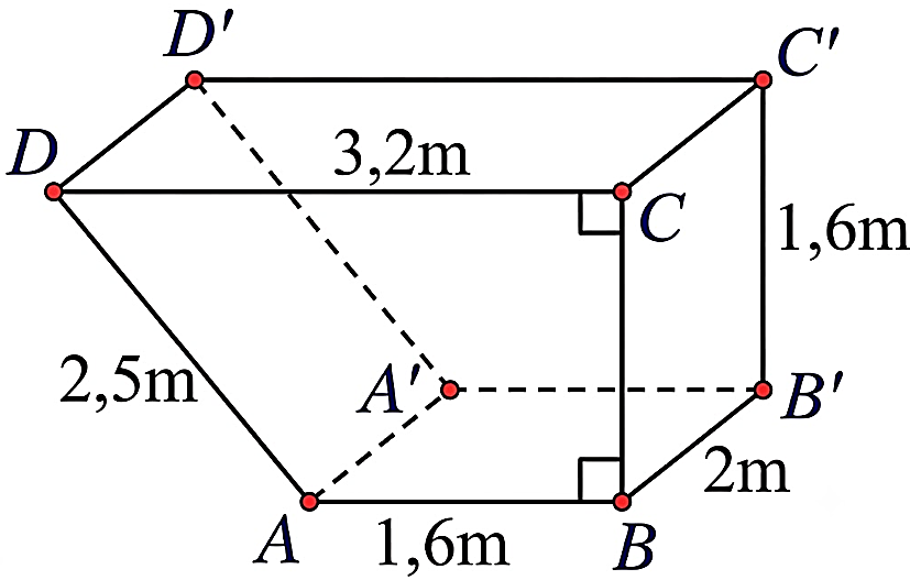 Cho hình lăng trụ đứng tứ giác ABCD.A'B'C'D' có kích thước như hình vẽ dưới đây:Khi đó: (ảnh 1)