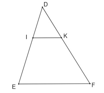 Cho tam giác DEF, kẻ IK song song với EF (I thuộc DE, K thuộc DF). Biết DI = x, IE = x + 2, DK = 3, KF = 5 (x > 0). Xét tính đúng/sai của các khẳng định sau: (ảnh 1)