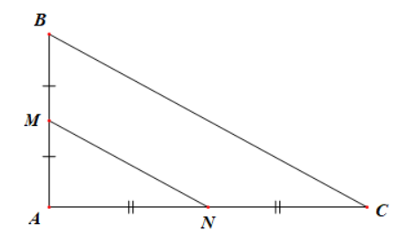 Một mảnh đất hình tam giác ABC có AB = 30 m, AC = 40 m và BC = 50 m. Người ta cần xây một hàng rào bao quanh tam giác AMN với MN là đoạn thẳng nối trung điểm M của AB và trung điểm N của AC. (ảnh 1)