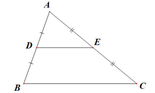Cho tam giác ABC có D, E lần lượt là trung điểm của cạnh AB, AC. Khẳng định nào sau đây là đúng về mối quan hệ giữa đường thẳng DE và đường thẳng BC? (ảnh 1)