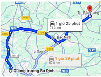 Thầy Nam muốn đi từ Quảng trường Ba Đình Hà Nội đến phường Bắc Giang (TP Bắc Giang cũ) bằng ôtô. Theo chỉ đường của Google Maps thầy Nam có thể đi theo CT09 hoặc CT01.
 (ảnh 1)