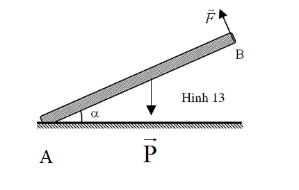 Một người nâng một tấm gỗ đồng chất, tiết diện đều, có trọng lượng P = 200 N. Người ấy tác dụng một lực F có hướng vuông góc vào đầu trên của tấm gỗ (hình vẽ 13) để giữ cho nó hợp với mặt đất (ảnh 1)