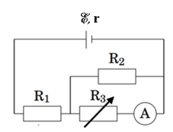  Cho mạch điện có sơ đồ như hình vẽ bên. Biết E = 13 V, r = 1 Ω; R1 = 4 Ω, R2 = 10 Ω, R3 là biến trở. Bỏ qua điện trở của ampe kế và dây nối.1) Điều chỉnh \({R (ảnh 1)
