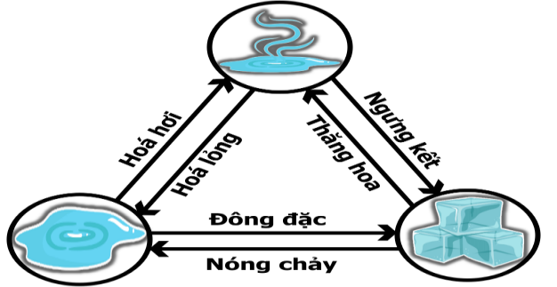 Hình bên là sơ đồ các hình thức chuyển thể. Một khối vật chất cần trao đổi nhiệt với vật khác để thực hiện quá trình chuyển thể.
(ảnh 1)