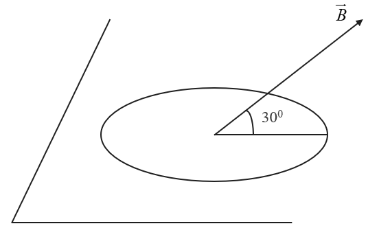 Vòng dây tròn có diện tích 0,01π m2, điện trở 0,2 Ω đặt nghiêng góc 300 với với B = 0,02 T như hình. Biết rằng trong khoảng thời gian 0,01s từ trường giảm đều từ B xuống đến không.
(ảnh 1)