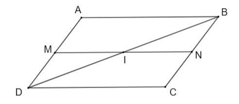 Cho hình bình hành ABCD có chu vi 48 cm. Gọi M, N lần lượt là trung điểm của AD, BC. Đoạn thẳng MN cắt đường chéo BD tại I. Chu vi tam giác ABD bằng 36 cm. Tính độ dài đường chéo BD (đơn vị: (ảnh 1)