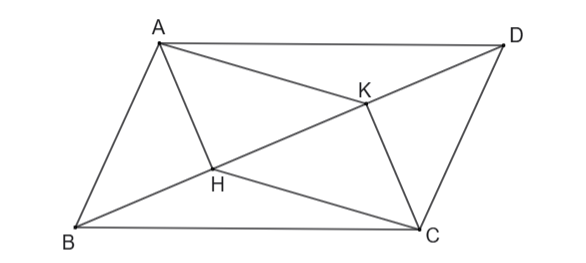 Cho hình bình hành ABCD. Từ đỉnh A, kẻ đoạn thẳng AH vuông góc với đường chéo BD tại H. Từ đỉnh C, kẻ đoạn thẳng CK vuông góc với đường chéo BD tại K. Xét tính đúng/sai của các khẳng định sau (ảnh 1)