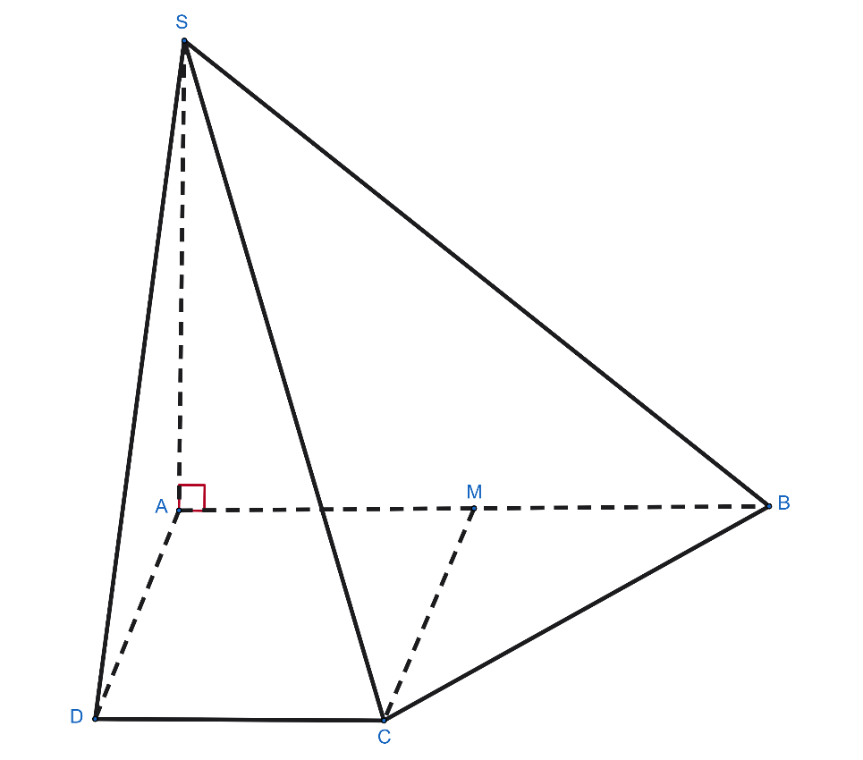 Cho hình chóp S.ABCD có đáy ABCD là hình thang vuông tại A và D với AD = DC = a, AB = 2a. Biết SA ⊥ (ABCD). Xét tính đúng sai của các khẳng định sau: (ảnh 1)