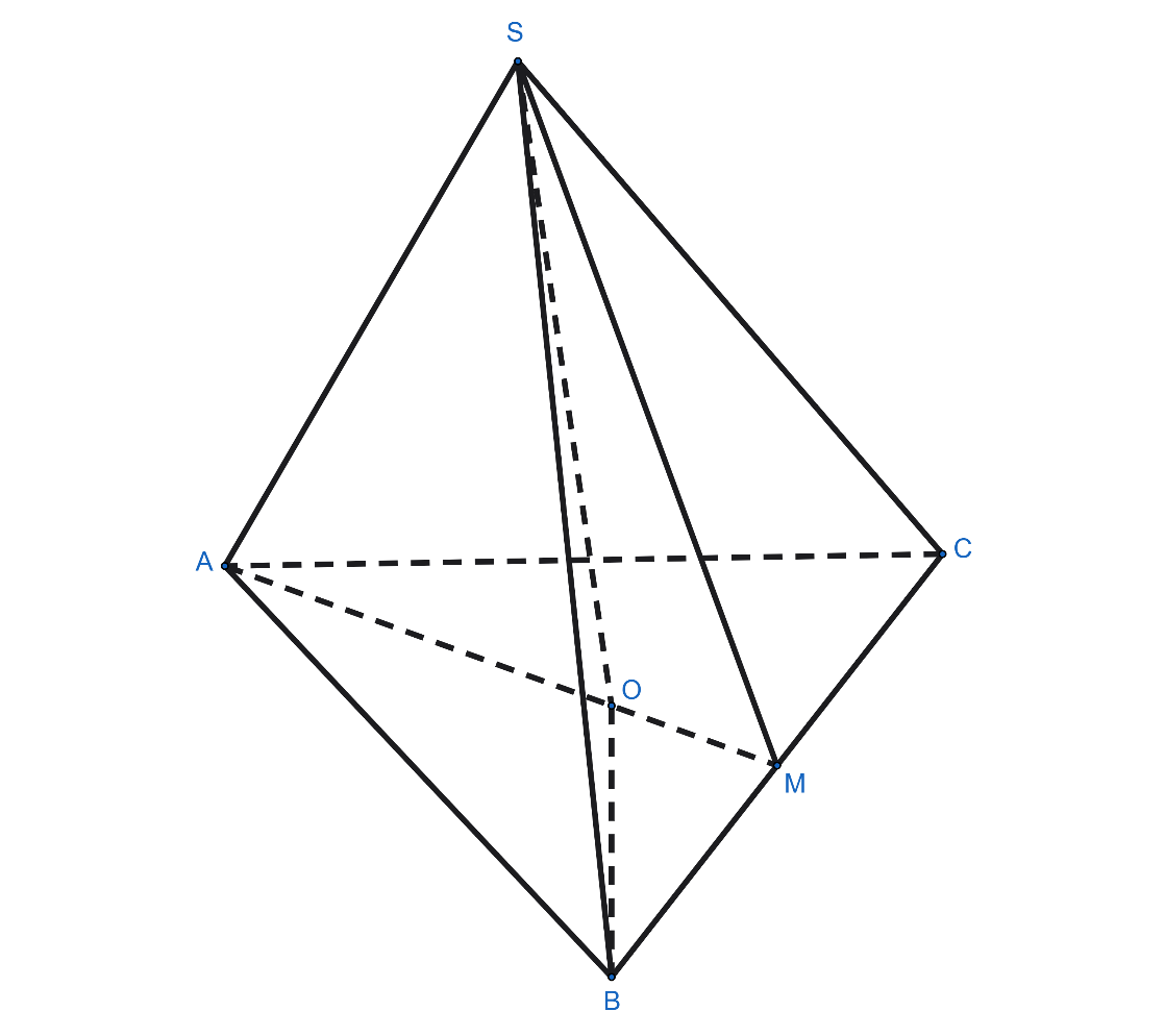 Cho hình chóp tam giác đều S.ABC có cạnh đáy bằng a\(\sqrt 3 \), cạnh bên bằng 2a. Gọi M là trung điểm của cạnh BC, O là tâm của tam giác ABC. Xét tính đúng hay sai của các mệnh đề sau: (ảnh 1)
