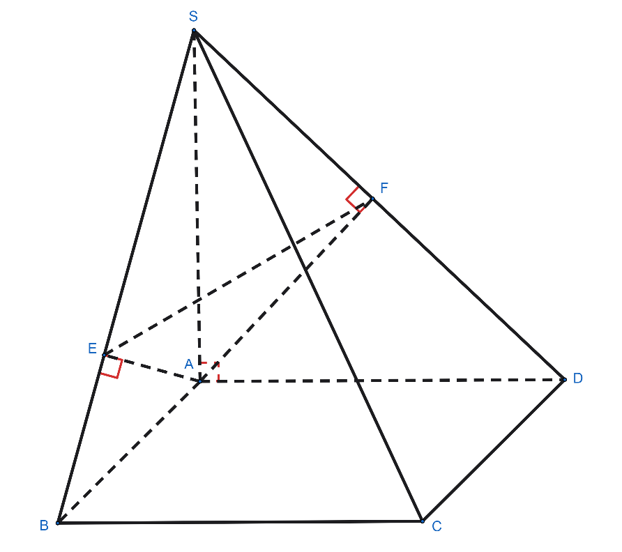 Cho hình chóp S.ABCD có đáy ABCD là hình vuông cạnh a, cạnh bên SA vuông góc với đáy và SA = a. Gọi E, F lần lượt là hình chiếu của A lên SB, SD. Khi đó: (ảnh 1)