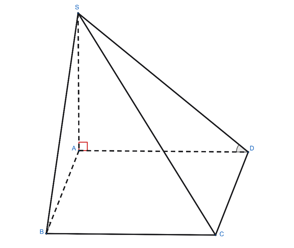 Cho hình chóp S.ABCD có đáy ABCD là hình chữ nhật có AB = a, AD = \(a\sqrt 3 \). Cạnh bên SA ⊥ (ABCD) và SA = a. Gọi α là góc giữa mặt phẳng (SCD) và (ABCD), β là góc giữa mặt phẳng (SBC) và  (ảnh 1)