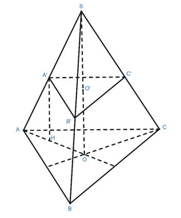 Cho hình chóp cụt tam giác đều ABC.A'B'C' có đáy lớn ABC là tam giác đều cạnh a, đáy nhỏ A'B'C' là tam giác đều cạnh a/2. Chiều cao của hình chóp cụt bằng h. Gọi O và O' lần lượt (ảnh 1)