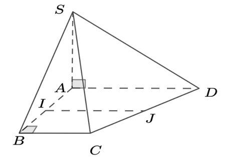Cho hình chóp S.ABCD có SA\( \bot \)(ABCD), đáy ABCD là hình thang vuông tại A, B, AB = a. Gọi I, J lần lượt là trung điểm của AB, CD.
Xét tính đúng sai của các khẳng định: (ảnh 1)
