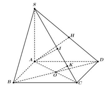 Cho hình chóp S.ABCD có đáy ABCD là hình vuông cạnh a, tâm O, cạnh bên SA vuông góc với mặt đáy (ABCD) và SA = a. Gọi H, K lần lượt là hình chiếu vuông góc của A lên cạnh SD và O lên cạnh SC. (ảnh 1)