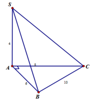 Cho khối chóp S.ABC có SA vuông góc với đáy, SA = 4, AB = 6, BC = 10 và CA = 8. Tính thể tích khối chóp S.ABC. (ảnh 1)