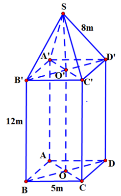 Một chiếc tháp có phần dưới dạng hình hộp chữ nhật, đáy là hình vuông có cạnh dài 5 m. Chiều cao của hình hộp chữ nhật là 12 m. Phần trên của tháp có dạng hình chóp đều, các mặt bên là các ta (ảnh 2)