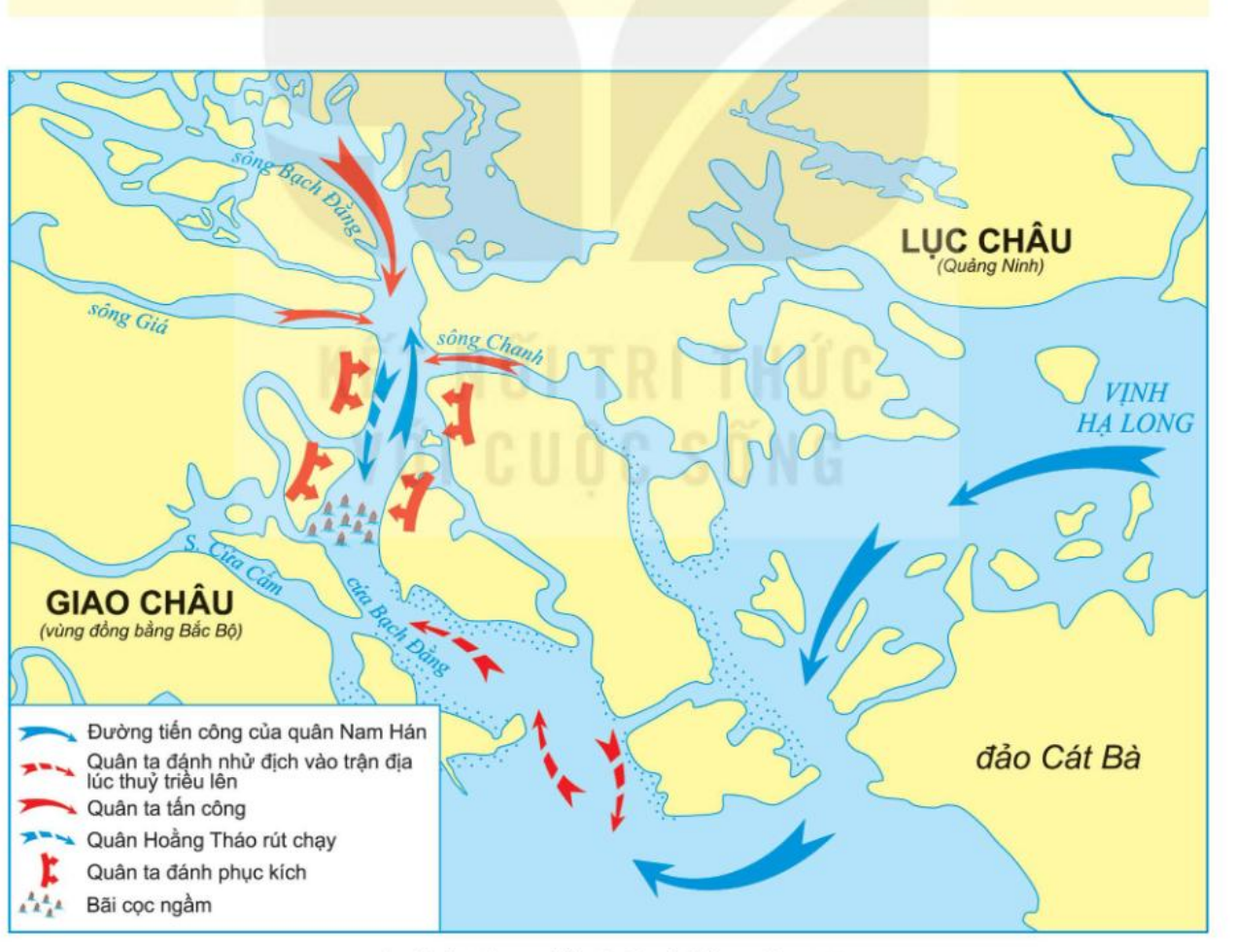 Quan sát lược đồ sau đây rồi chọn đúng (ghi Đ)/ sai (ghi S) ở các nhận định a), b), c), d)
Hình 7. Lược đồ trận Bạch Đằng năm 938 (ảnh 1)