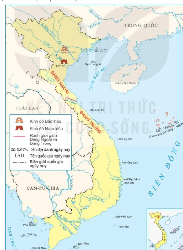 Quan sát lược đồ sau đây rồi chọn đúng (ghi Đ)/ sai (ghi S) ở các nhận định a), b), c), d)  Hình 5.2. Lược đồ Nam - Bắc triều và Đàng Trong - Đàng Ngoài (ảnh 1)