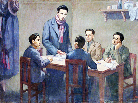 Quan sát hình ảnh sau đây rồi chọn đúng (ghi Đ)/ sai (ghi S) ở các nhận định a), b), c), d)
Hội nghị thành lập Đảng (tranh vẽ) (ảnh 1)