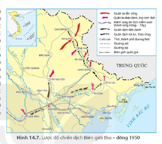 Quan sát lược đồ lịch sử
Lược đồ chiến dịch Biên giới thu - đông 1950 (ảnh 1)