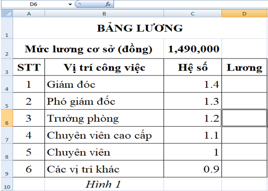  Em hãy tính lương cho người lao động, biết mỗi người lao động có một hệ số được tính theo vị trí việc làm và mức lương cơ sở là 1,490,000 đồng? (Lương = hệ số * mức lương cơ sở (đồng (ảnh 1)