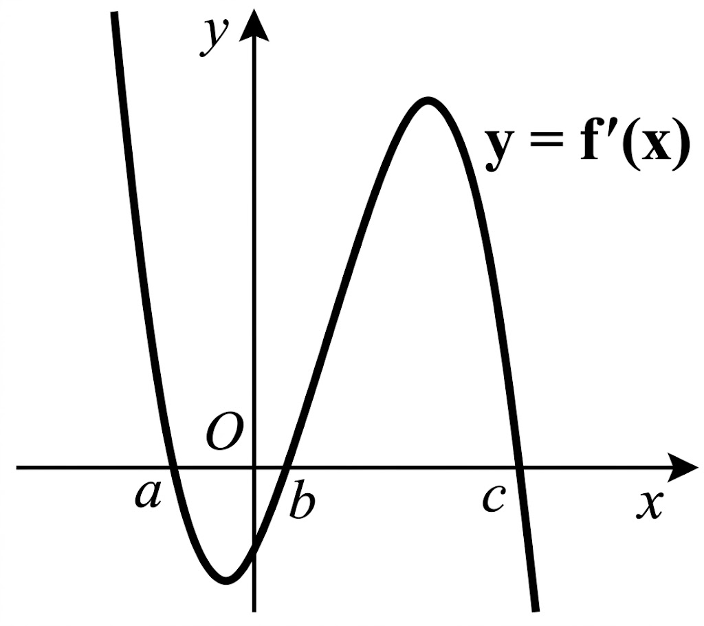 Cho h&agrave;m số \y = f(x) c&oacute; đồ thị y = f'(x) cắt trục \(Ox\) tại ba điểm c&oacute; ho&agrave;nh độ \(a < b < c\) như h&igrave;nh b&ecirc;n dưới.Mệnh đề n&agrave;o sau đ&acirc;y l&agrave; đ&uacute;ng? (ảnh 1)