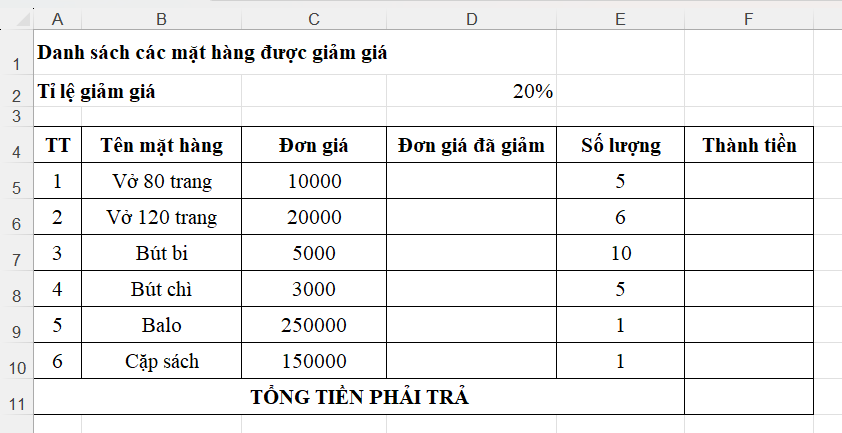  Nhân dịp khai giảng năm học mới, tại một số cửa hàng sách, nhà sách,… các mặt hàng đồ dùng học tập được giảm giá như sau:*Yêu cầu: Em sử dụng các kiến thức đã học để thực hiện c (ảnh 1)