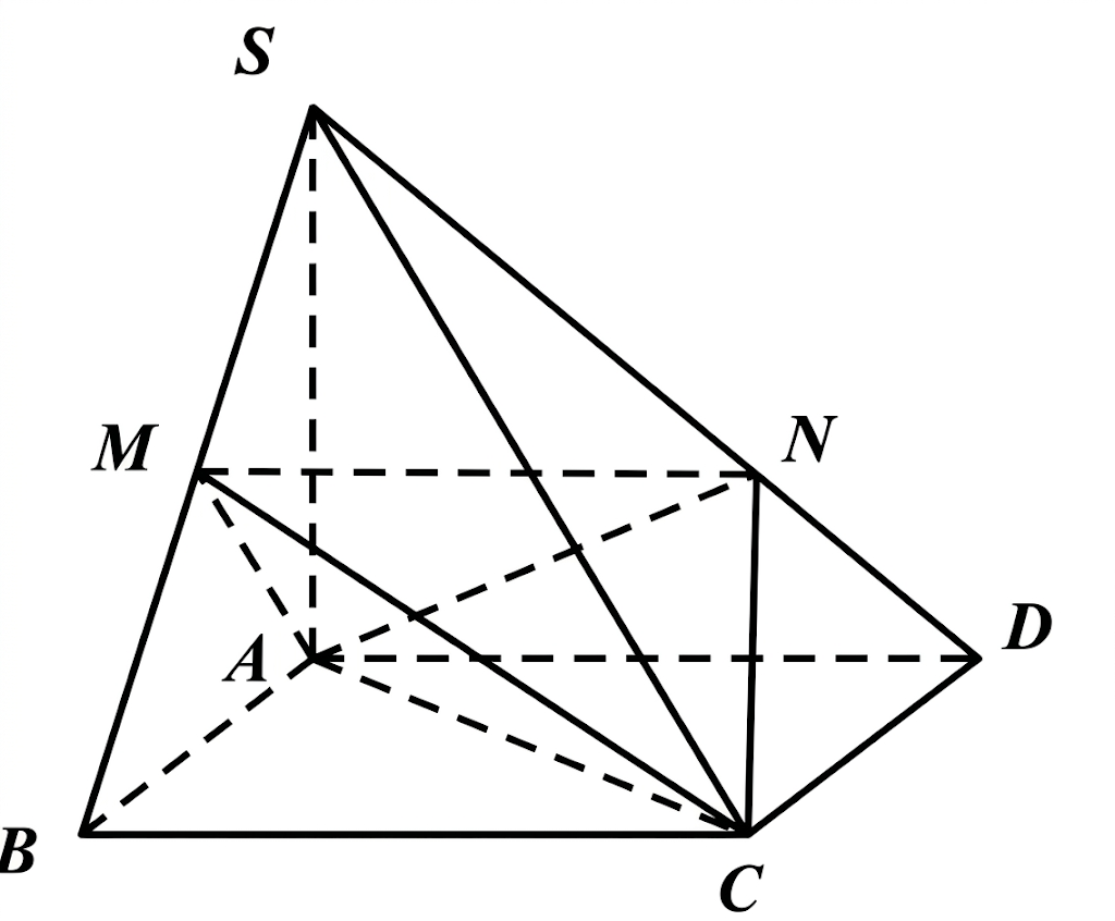 Cho hình chóp \(S.ABCD\) có đáy \(ABCD\) là hình vuông, \(AB = a\). Cạnh bên \(SA\) vuông góc với đáy và \(SA = 3a\). Gọi \(M\) là trung điểm của \(SB,N\) là điểm trên cạnh \(SD\) sao cho \(S (ảnh 1)