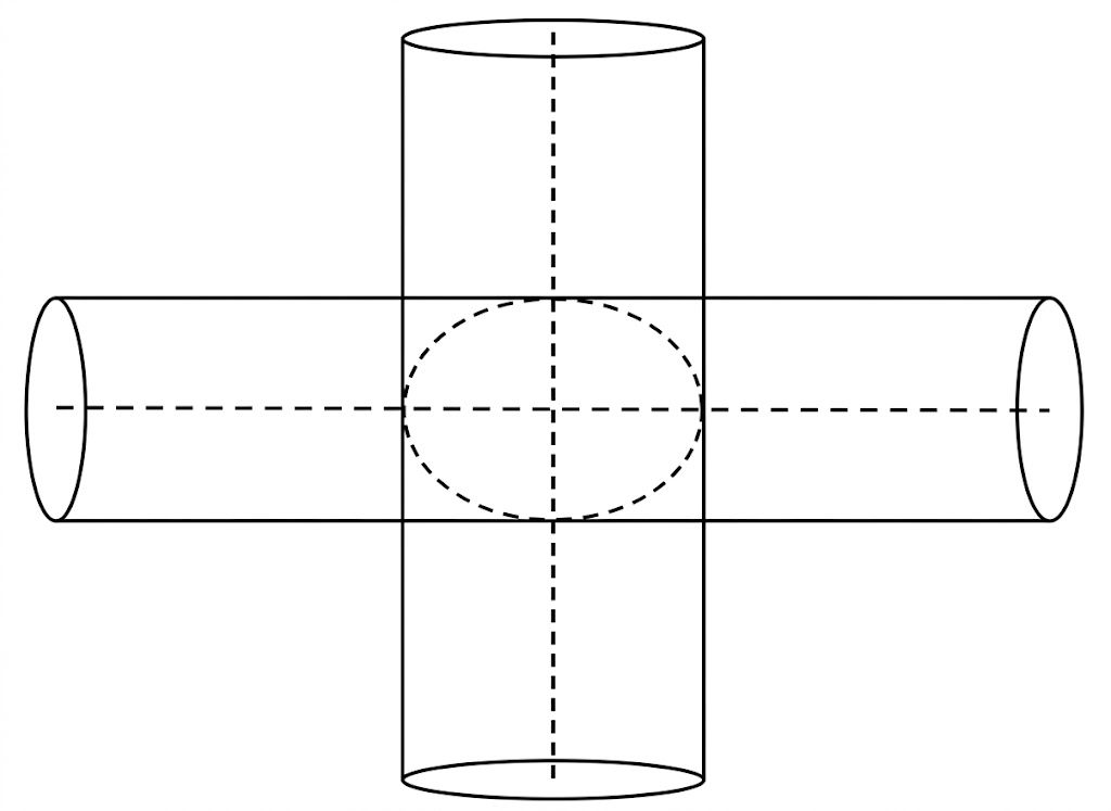 Người ta dùng máy đào hầm (TBM) để đào hai đường hầm hình trụ tròn xoay đường kính \(12m\), mỗi đường hầm đều có chiều dài bằng \(20m\), có hai trục cắt nhau và vuông góc với nhau. Tính thể t (ảnh 1)